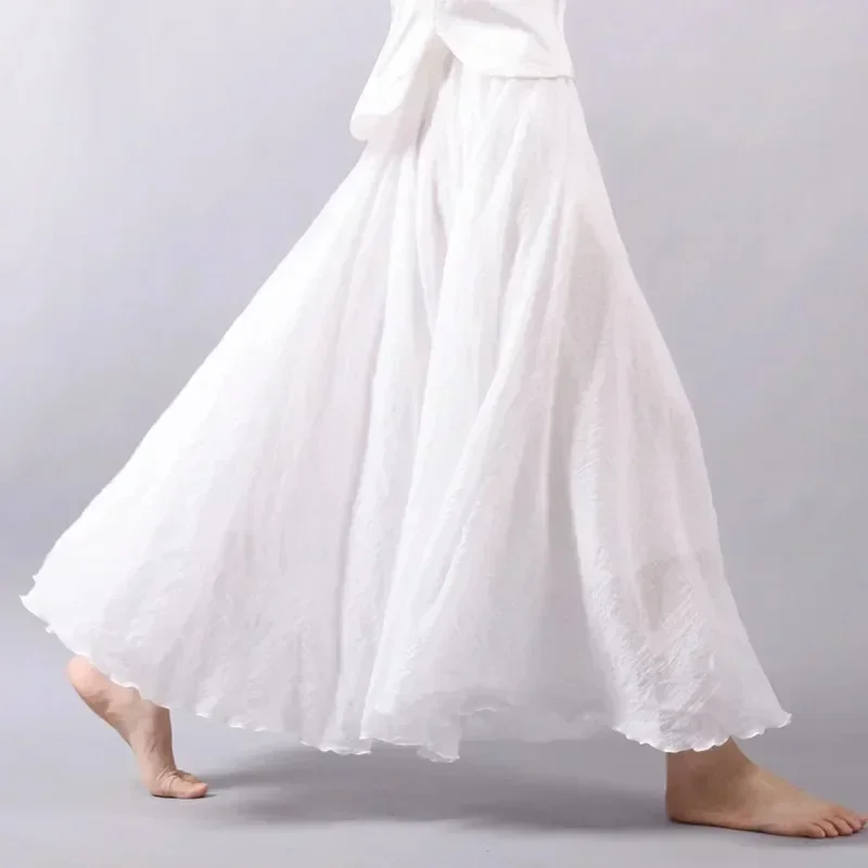 Boho Beach Jupe Femme - Lin Coton Mélange Taille Élastique Longue Plissée Maxi, Vintage Été Jupe Décontractée Faldas Saia