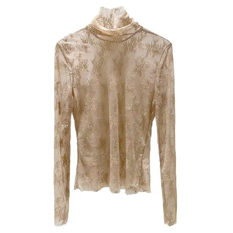 Femmes Sexy à manches longues dentelle Blouses col haut vêtements intérieurs dentelle Crochet t-shirt Base tunique haut Perspective Vintage bas Blouse