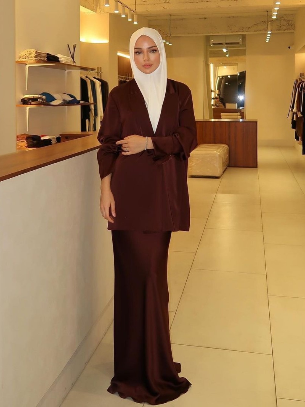 Eid Musulman Ensemble Femmes Satin Top Chemise Jupe 2 Pièces Ensemble Chemisier Solide Manches Longues Chemises Costumes Arabe Dubaï Musulman Ensembles 2025