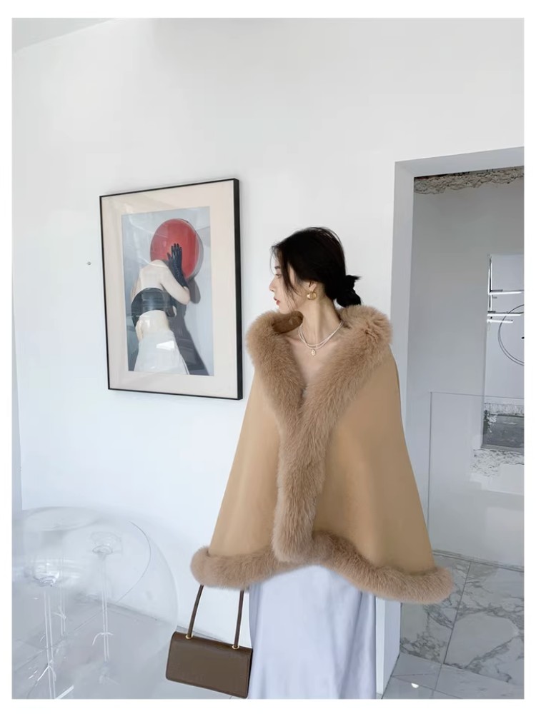 MS.MinShu-Poncho double face en laine pour femme, avec bordure en vraie fourrure de renard, pour dame d'hiver