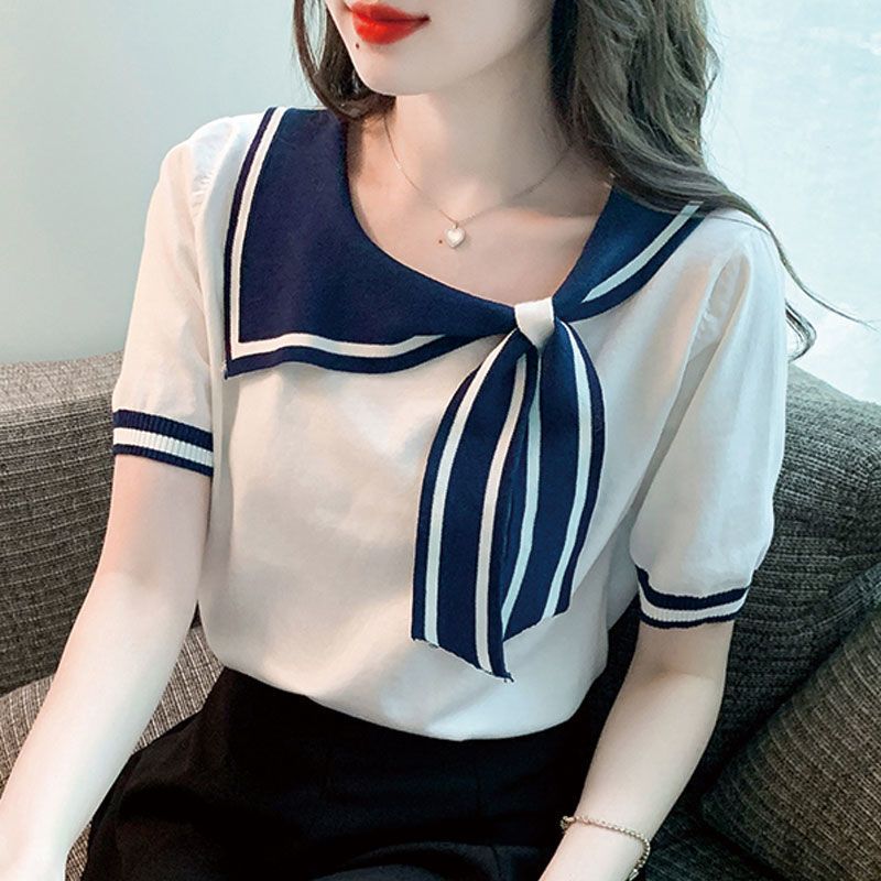 T-shirt décontracté à manches courtes pour femmes, col écharpe, pull tout match, vêtements pour femmes, doux, nouveau, mode, printemps, été