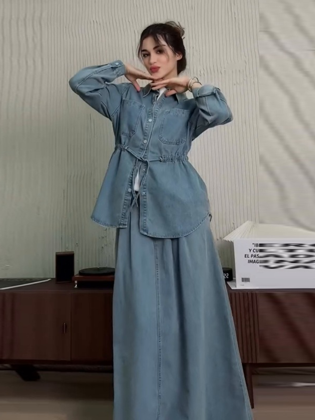 Denim 2 pièces ensembles femmes chemise musulmane manteau jupes tenues simple boutonnage col rabattu poches jupes longues surchemise costume