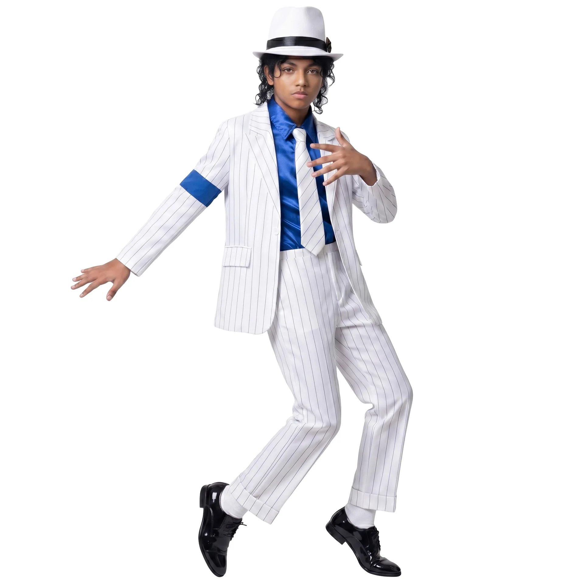 Costume de cosplay Michael Jackson Smooth Criminal, blazer blanc, pantalon, chemise bleue, cravate, chapeau, MJ King of Pop, robe de carnaval d'Halloween