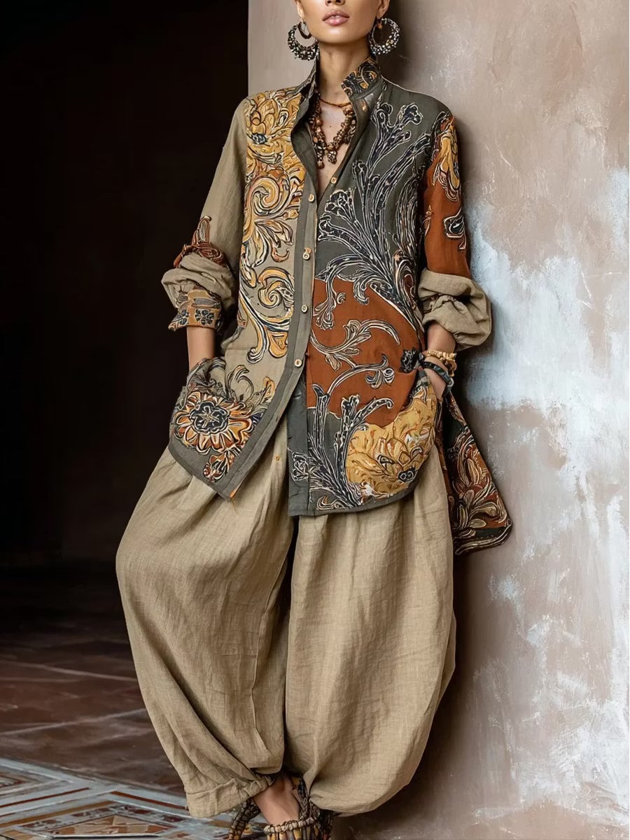 Ensemble femme manches longues en coton et lin, chemise vintage imprimée à col rabattu et boutons, avec pantalon ample à jambes larges