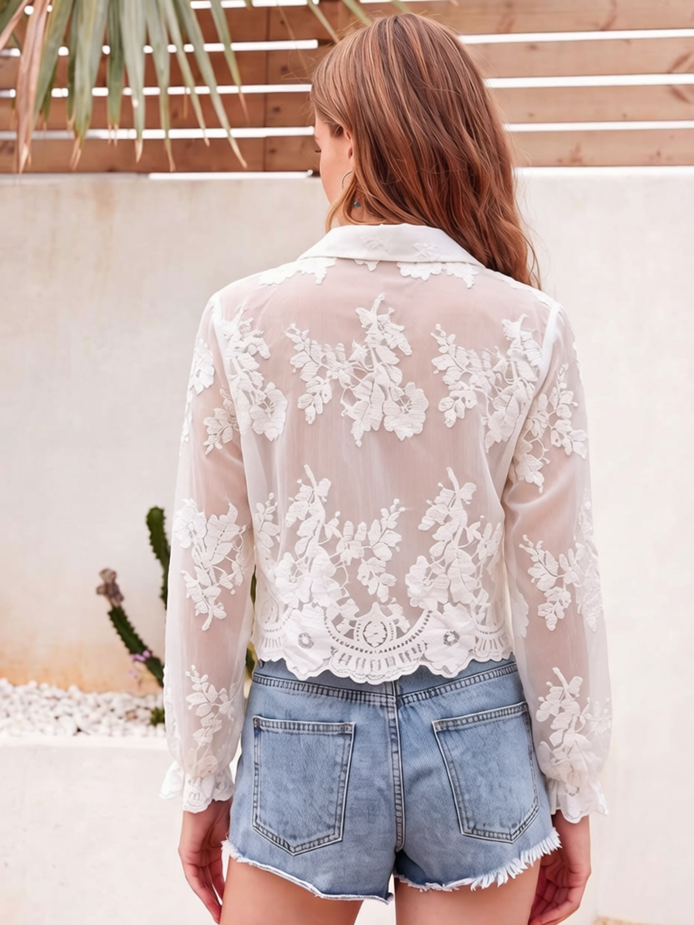 Chemise courte pour femme en coton 100% avec broderie florale 3D en dentelle