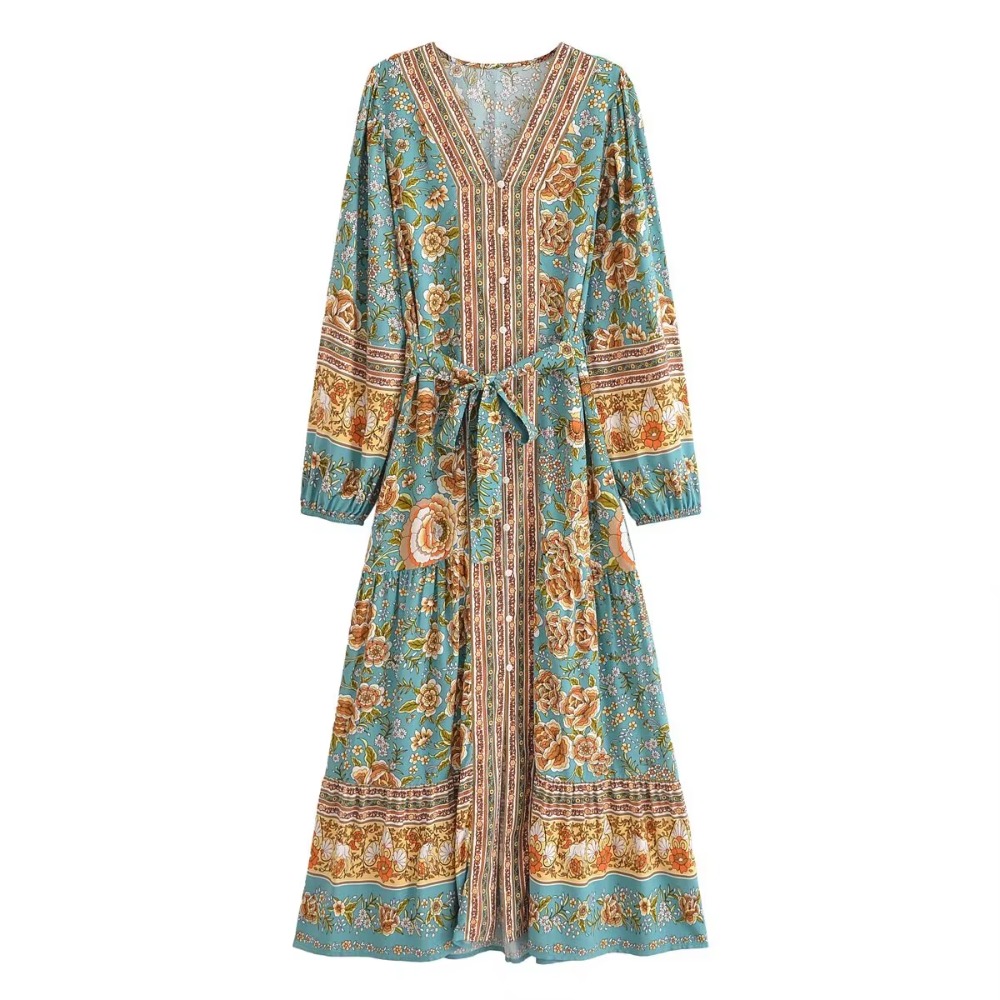 Boho Queens femmes élégant mode simple boutonnage imprimé fleuri boutonnage bohème Maxi Robe dame vacances plage Boho Robe Robe