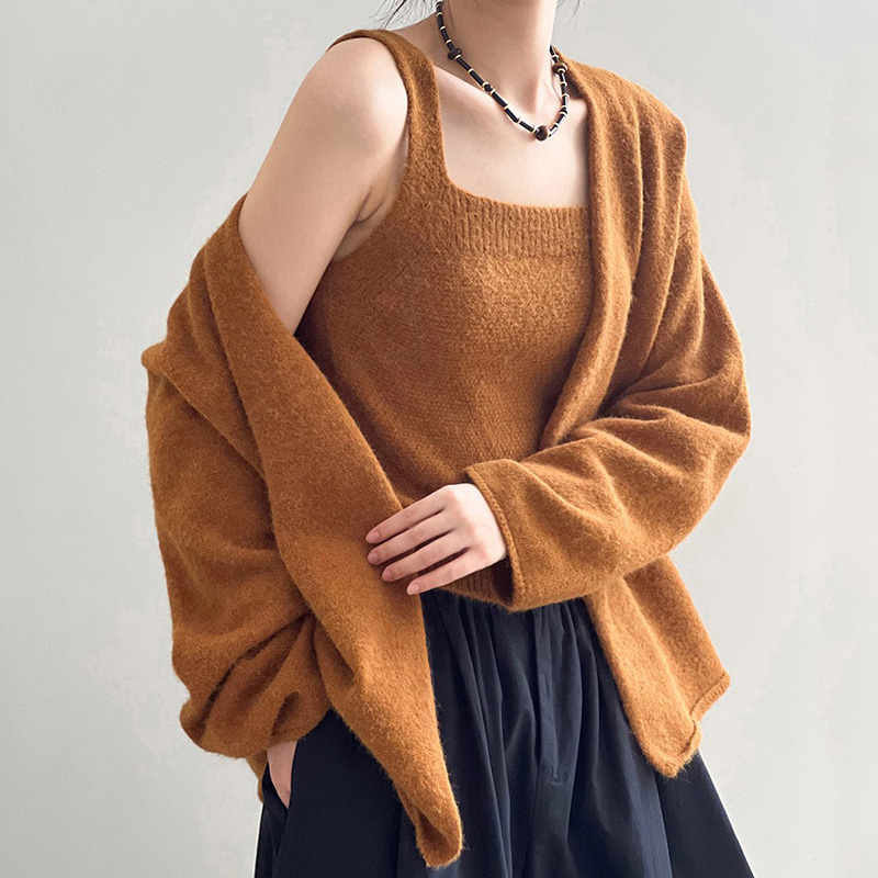 Ensemble cardigan et débardeur en tricot uni style coréen pour femme – Pull décontracté à épaules tombantes, vêtement d'extérieur doux et ample pour l'automne et l'hiver