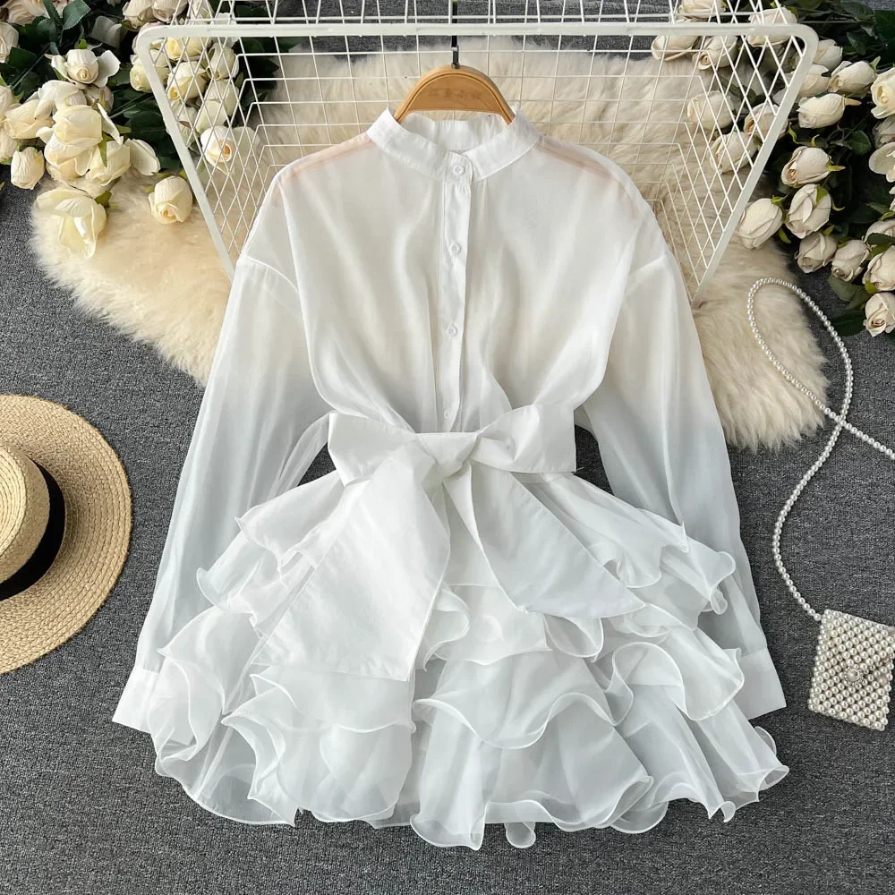 Chemise Longue en Mousseline de Soie pour Femme, Chemisier Élégant, Chic, à Manches sulf, Col Rond, Couleur Unie, Printemps