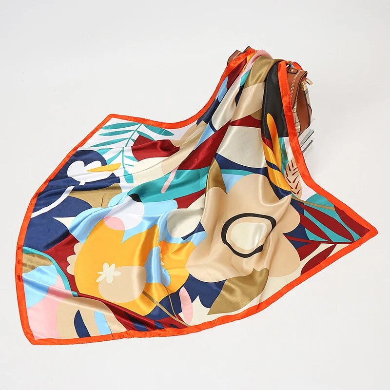 Fleur imprimé Bandana carré foulard soie comme Floral foulards carré Satin cheveux écharpe Bandanas pour les femmes 90*90CM