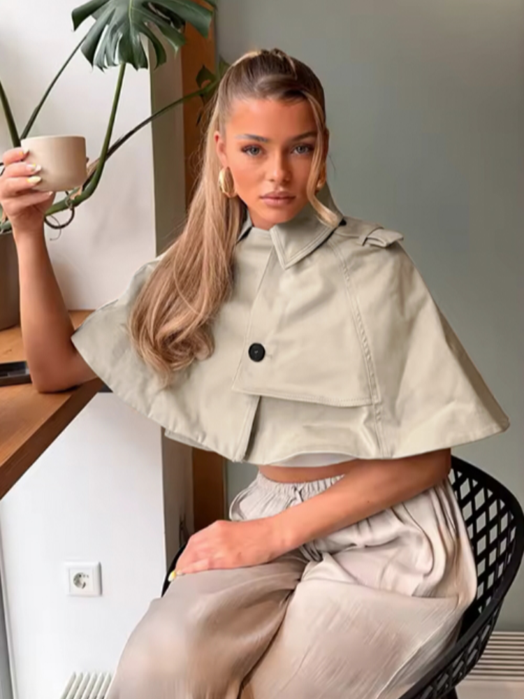 Châle décontracté kaki pour femme, col rabattu, double boutonnage, couleur unie, collection Printemps-Été 2026, style chic urbain