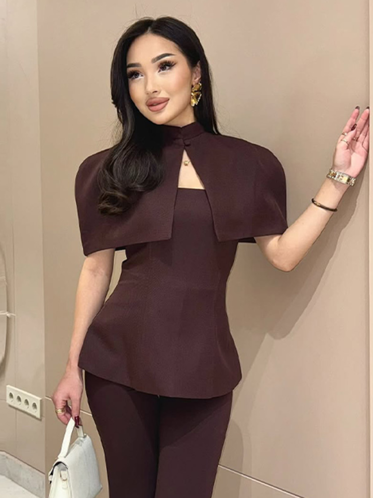 Mode Cape col femmes Blouse élégant col montant sans manches Peplum ourlet mince hauts 2026 printemps Chic dame haut Partywear rue