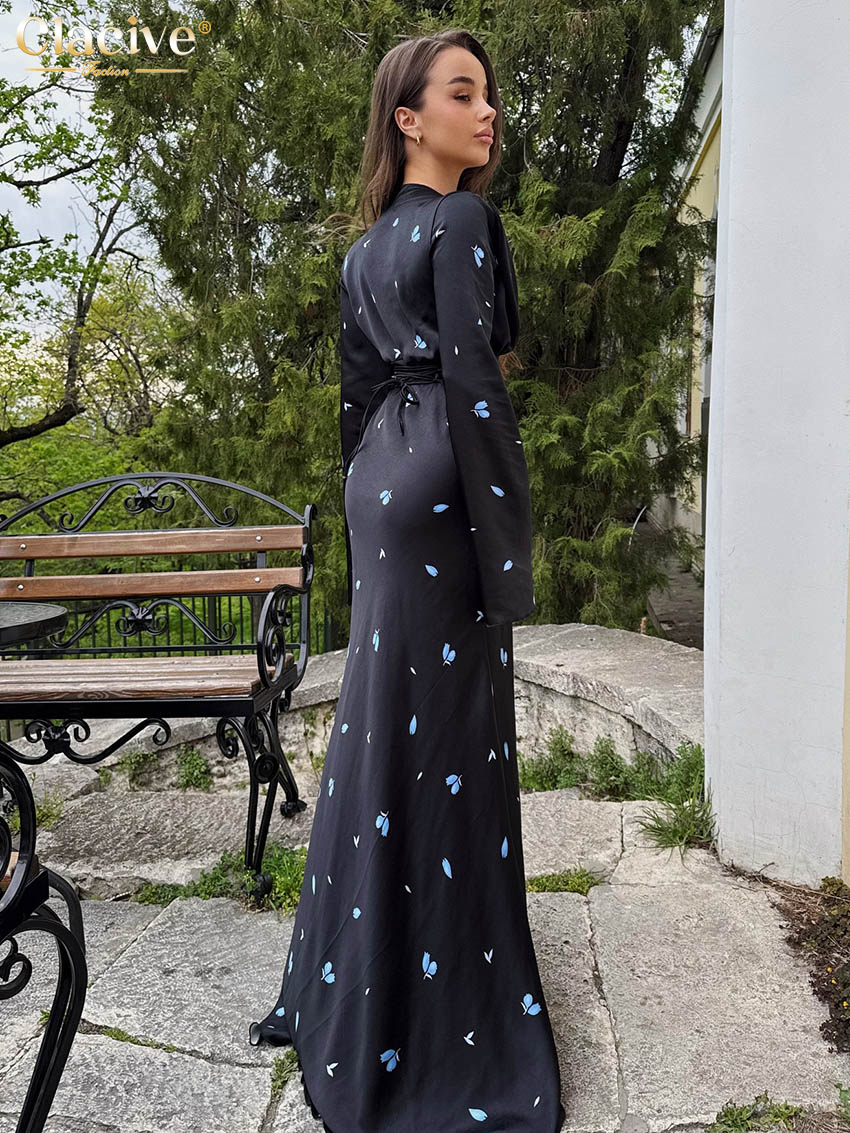 Clacive moulante imprimé robe pour femme 2025 mode col en v à manches longues robes Maxi élégant classique taille haute robe féminine