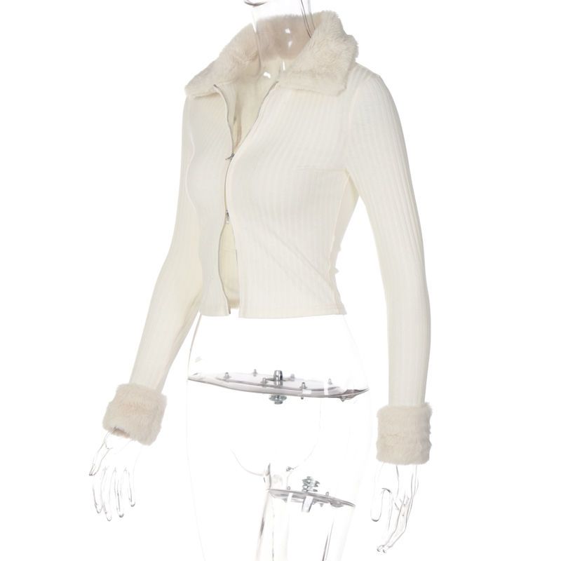 Nouveau pull en tricot pour fille style scolaire, coupe ajustée avec col en fourrure, pull chaud à fermeture éclair double sens style Spice Girl