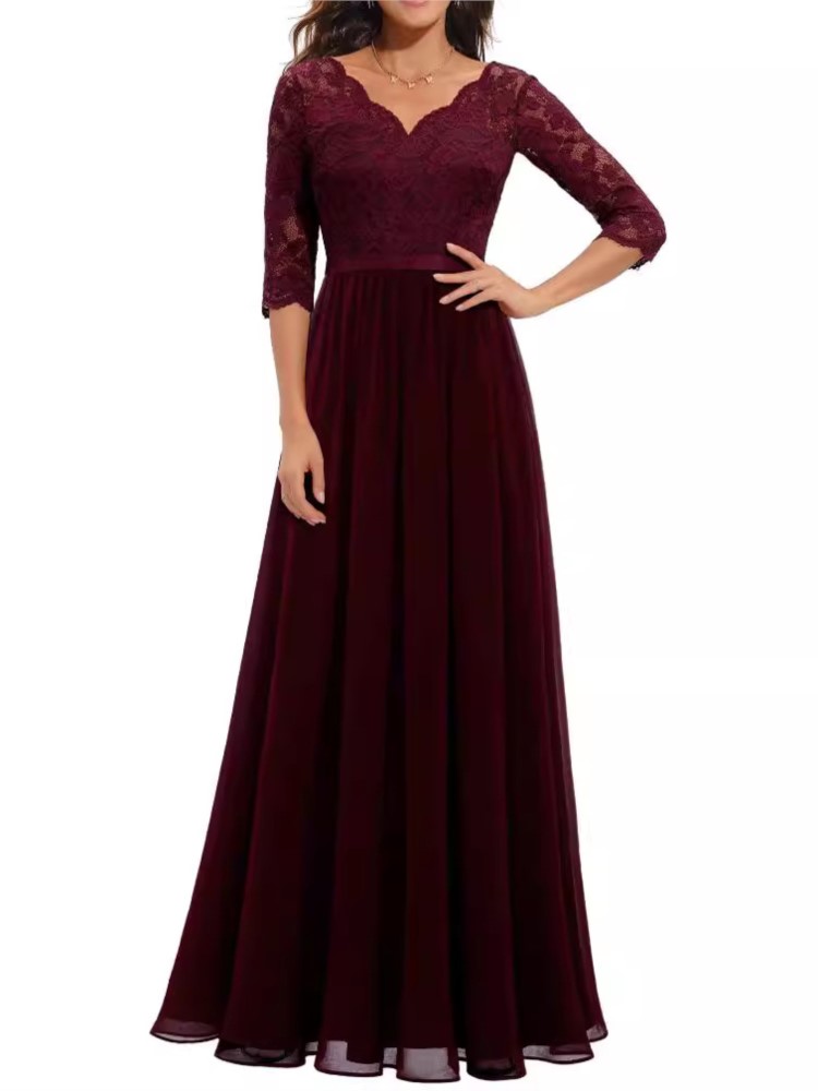 Mode dentelle Robe ample pour les femmes élégant solide trois quarts col en V taille haute robes Robe Femme formelle soirée nouveau