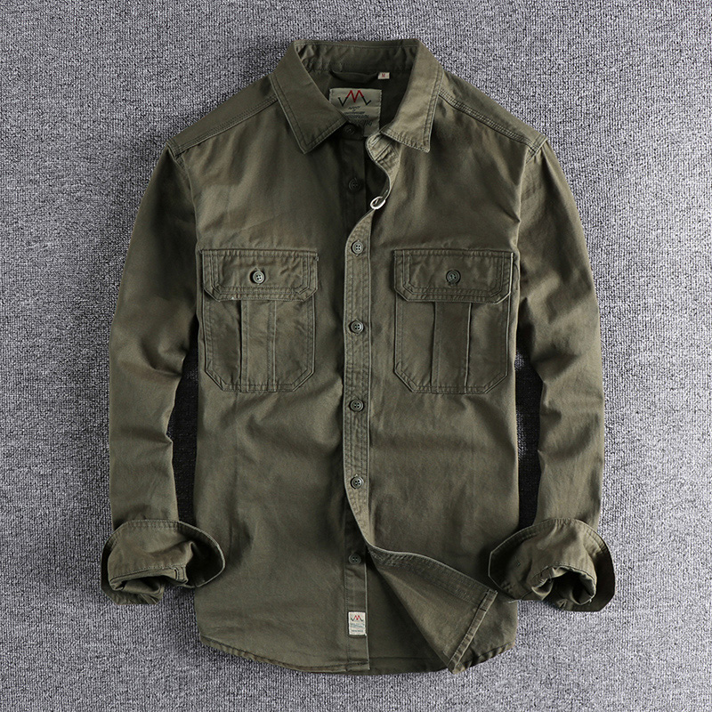 Chemise à manches longues pour hommes, uniforme de style n, lavage à la mode, double poches, veste décontractée pour jeunes, manteau fin