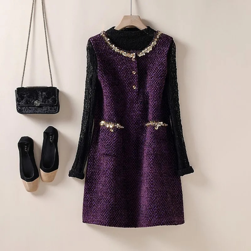 Robes pour femmes petit gilet en Tweed parfumé jupe perlée paillettes Tweed un mot robe ample 2025 printemps et automne nouvelle robe pour femmes