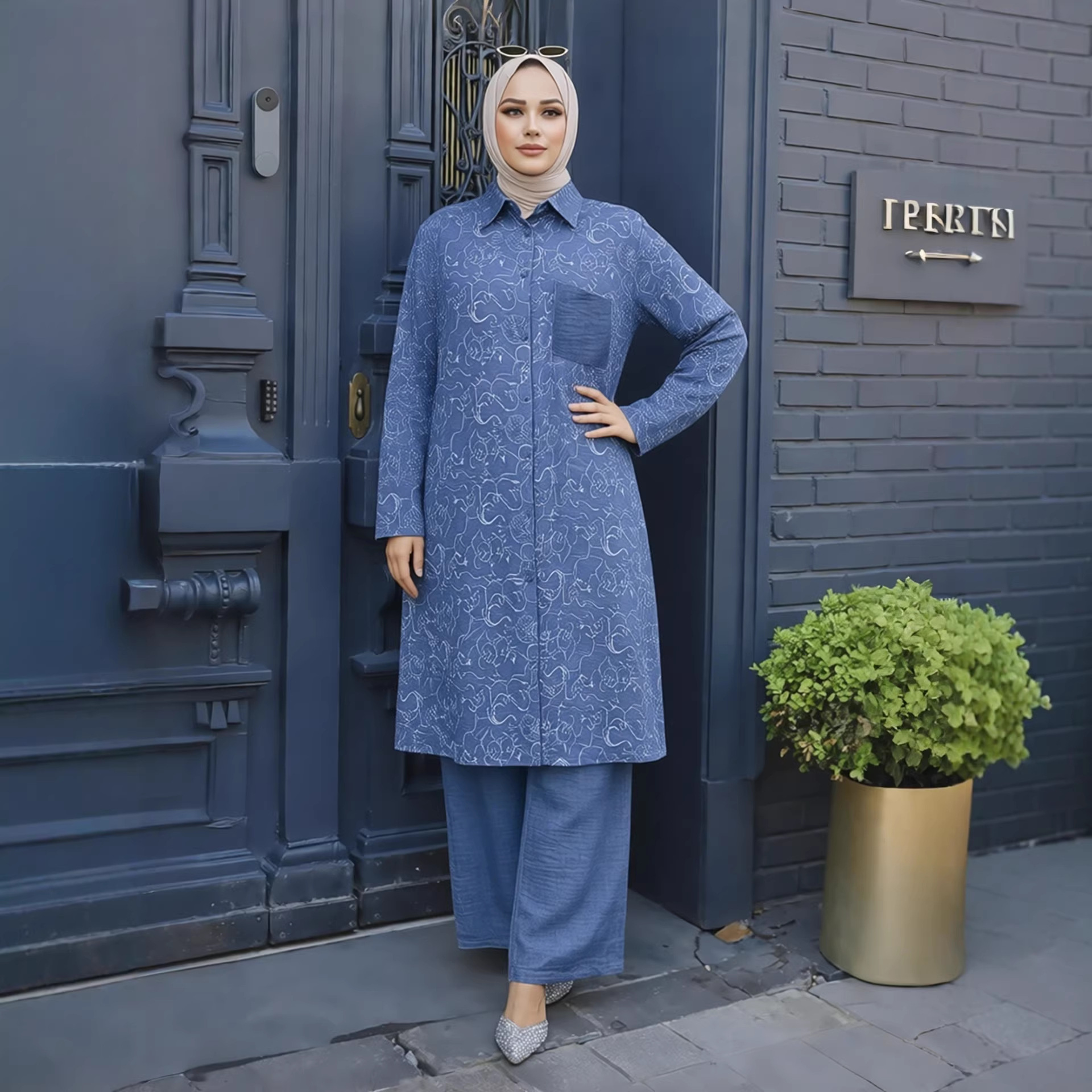 Ensemble de 2 pièces pour femmes pour l'Aïd, haut long, pantalon large, chemisier imprimé musulman, jalabiya, Ramadan, Dubaï, ensembles musulmans, longue tenue arabe