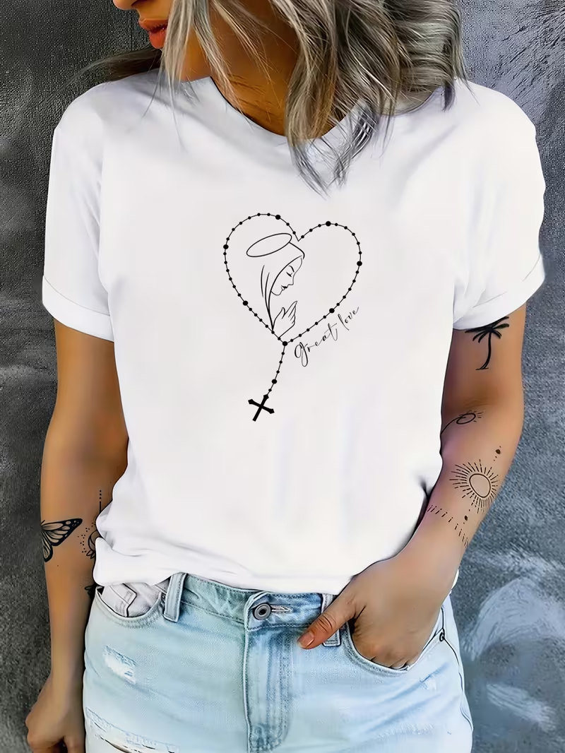 T-shirt graphique Grande Amour Vierge Marie Chapelet Religieux Chrétien Catholique Prière Tee-shirt d'été à manches courtes pour femme Streetwear Top