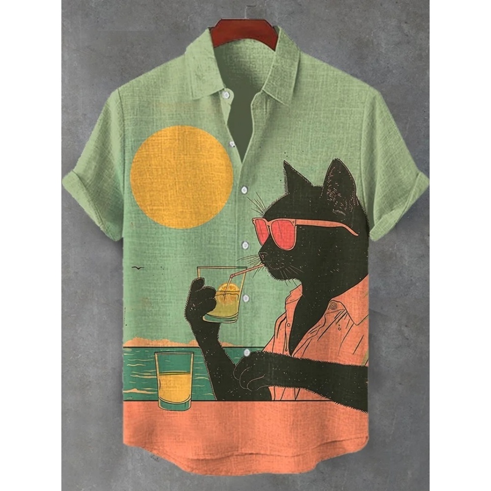 Hommes coucher de soleil Cool Kimono chat vacances Art imprimé chemise décontractée Orange imprimé Style japonais vêtements d'extérieur été à manches courtes hauts Chic