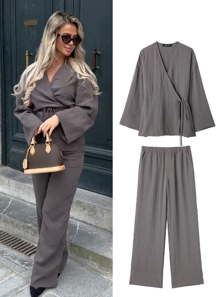 HH – ensemble 2 pièces pour femmes, Style Kimono, col en v, asymétrique, à lacets, chemisier ample et décontracté, haut + poche latérale, taille élastique, pantalon à jambes larges