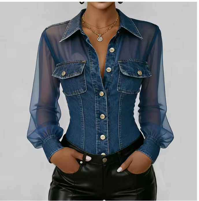 Chemisier vintage en jean et maille transparente pour femme, à manches longues, boutonné, col à revers, poches poitrine, ajusté, style bureau