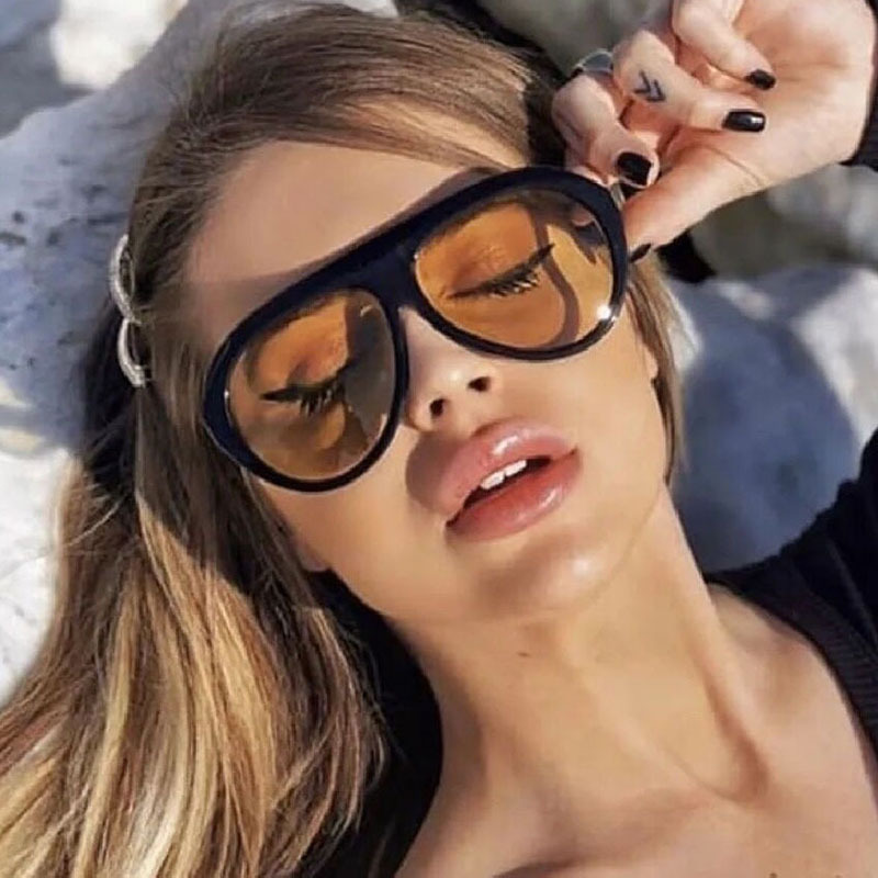 Lunettes de soleil pilote surdimensionnées pour femmes, marque de luxe, Vintage, une pièce, grande monture, pour la conduite en plein air, nuances noires et jaunes, 2025