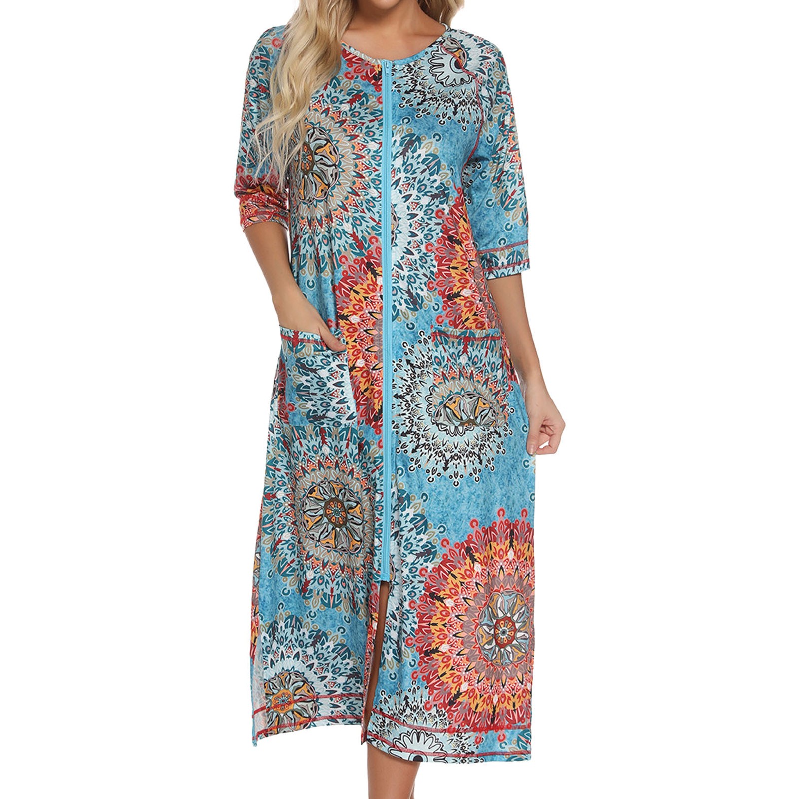 Robes d'été pour femmes, robe à fermeture éclair sur le devant, demi-manches, peignoir pleine longueur, robe plumeau en coton doux avec poches, vêtements de maison, 2024