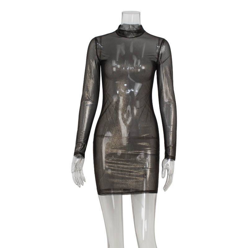 Robes en maille pour femmes, mode Sexy, Clubwear, manches longues, col roulé, slim, transparent, enveloppant les hanches, Mini Robes féminines