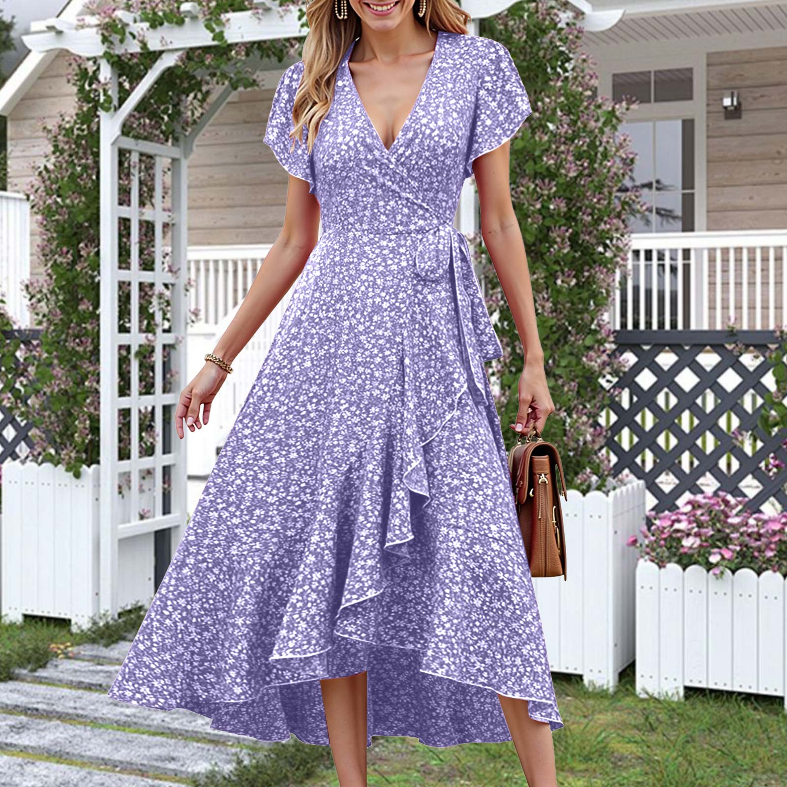 Robes d'été bohèmes pour femmes, imprimé floral, ourlet à volants, robe longue irrégulière, col en V, à lacets, taille haute, manches courtes, robe décontractée