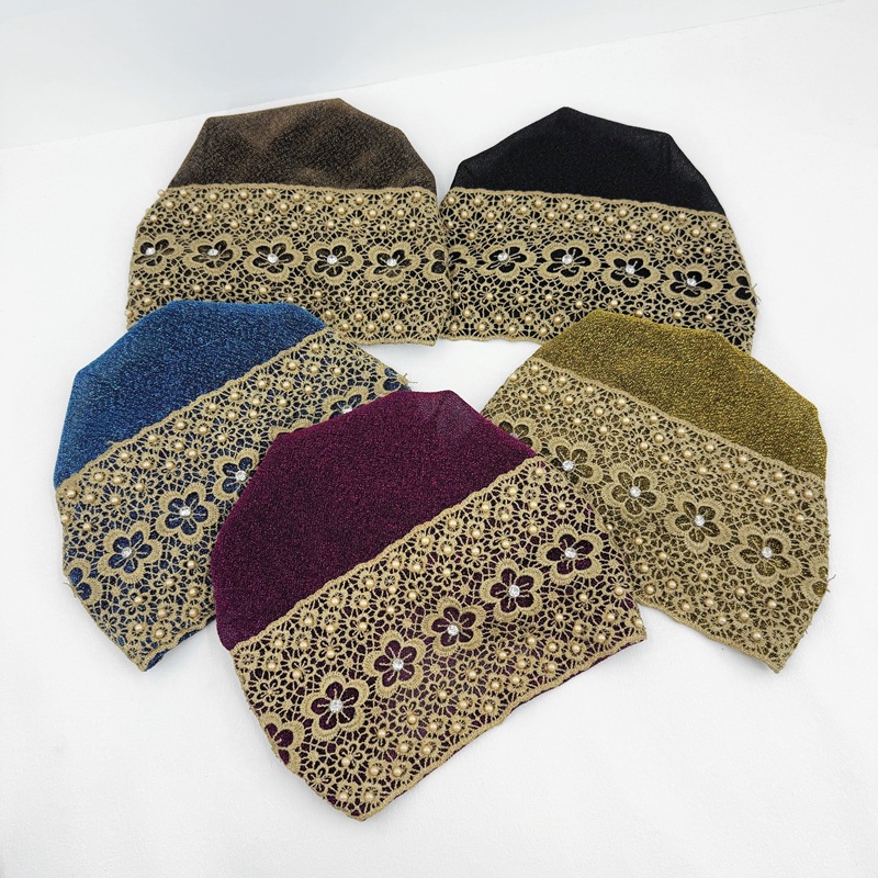 Turban en dentelle brodé pour femme, bonnet de mode, foulard musulman, couvre-chef pour perte de cheveux, chimiothérapie