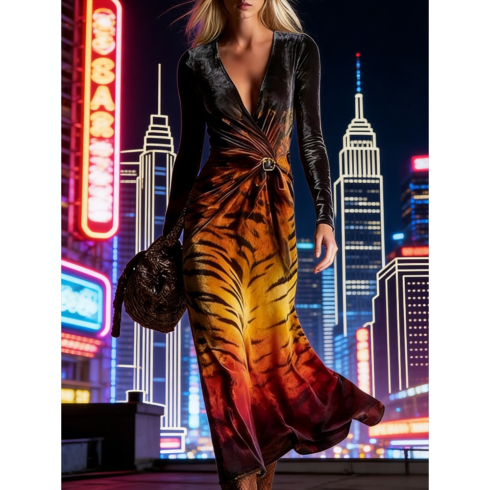 Robe longue maxi imprimé zèbre gris argenté sexy pour femme, manches longues, col en V, torsadée devant, élégante, pour vacances, style bohème chic, robe de soirée, grandes tailles