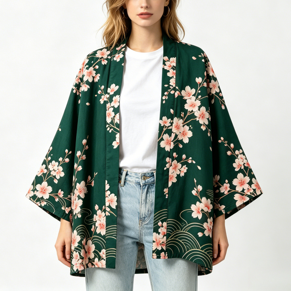 Kimono japonais unisexe en coton, style vintage, imprimé floral Sakura et grue, pour l'été, la plage, ou comme veste décontractée ample bohème