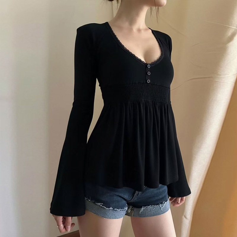 Chemisier pour femme, vêtements pour femme été automne, tunique élégante Y2k, chemisiers et chemises magnifiques, haut vintage noir à manches longues pour femme