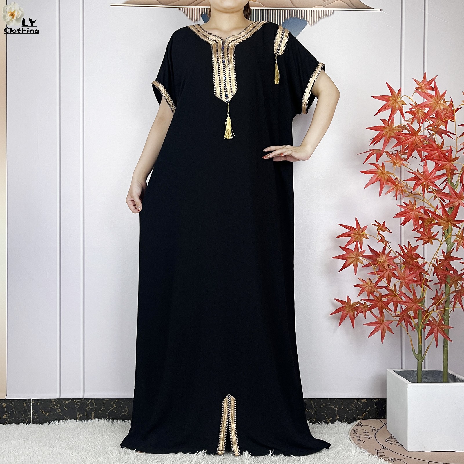 Nouveau Abayas musulman d'été à manches courtes africain Dashiki glands coton Caftan ample dame Maxi Islam robes décontractées avec foulard