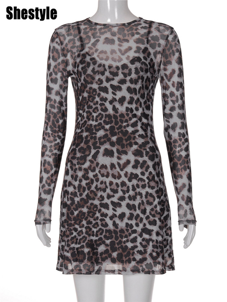 ShKouLeopard-Robe trapèze sexy pour femme, maille transparente, imprimé animal, mode extrêmement chaude, rue haute, ensemble 2 pièces