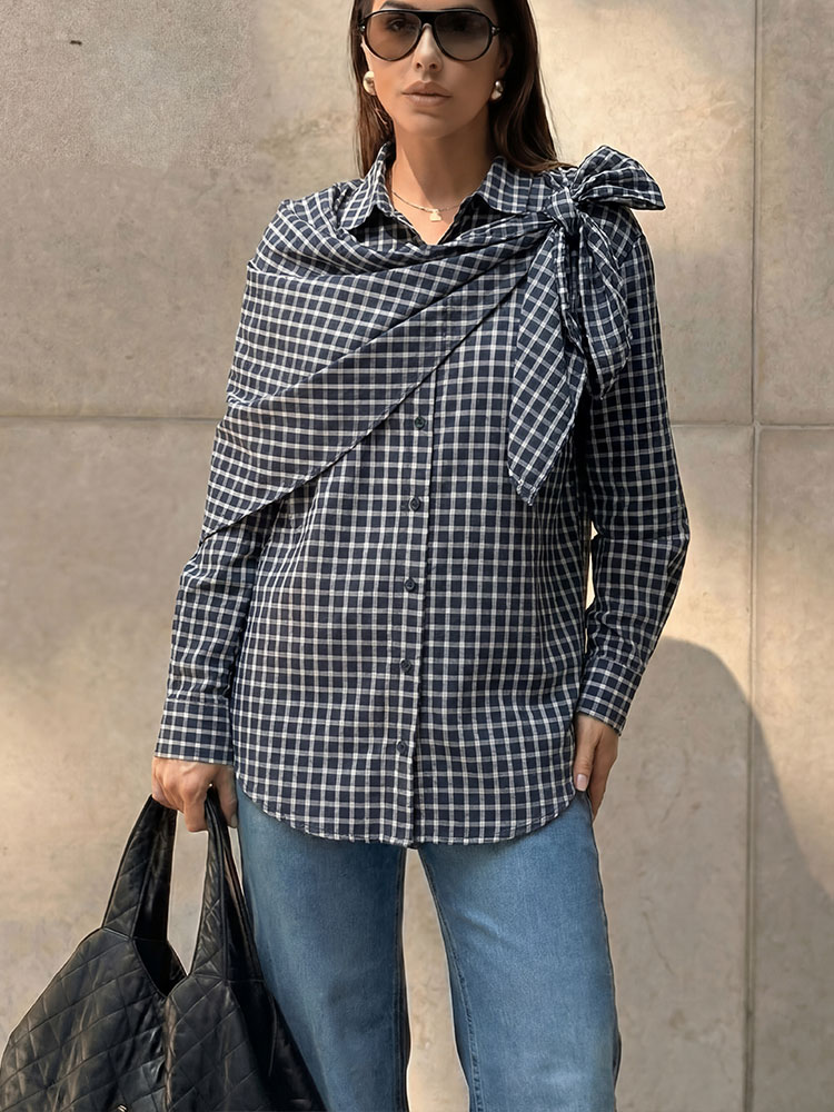 Chemisier Élégant Décontracté à Carreaux pour Femme HH Spring, Col Rabattu, Manches Longues, Boutons, avec Foulard, Haut Chic pour Bureau