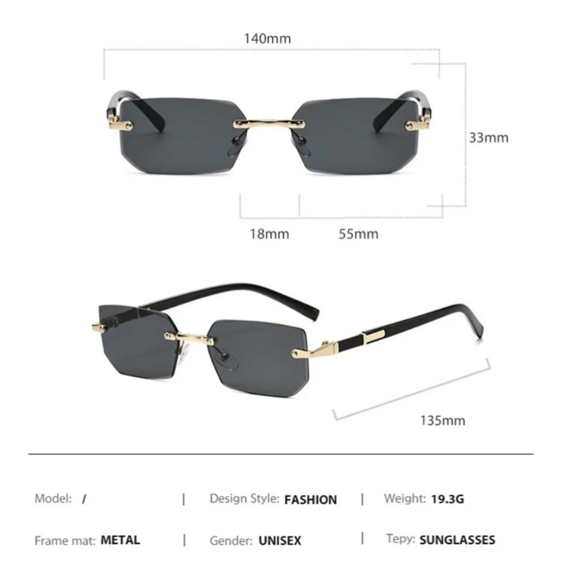 Lunettes de soleil sans monture tendance pour hommes et femmes, petites lunettes de soleil rectangulaires, lunettes de soleil rétro de marque, protection UV400, lunettes de soleil pour voyages d'été