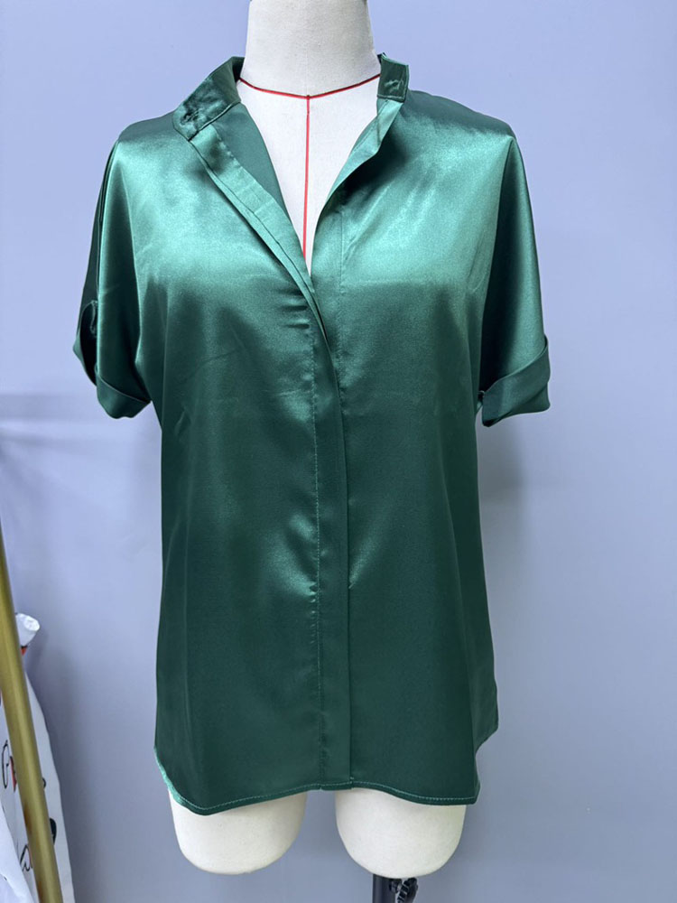 Femmes ruban de soie Satin Blouse hauts été dame à manches courtes bouton col montant Blouse chemises DFFZ-A0033