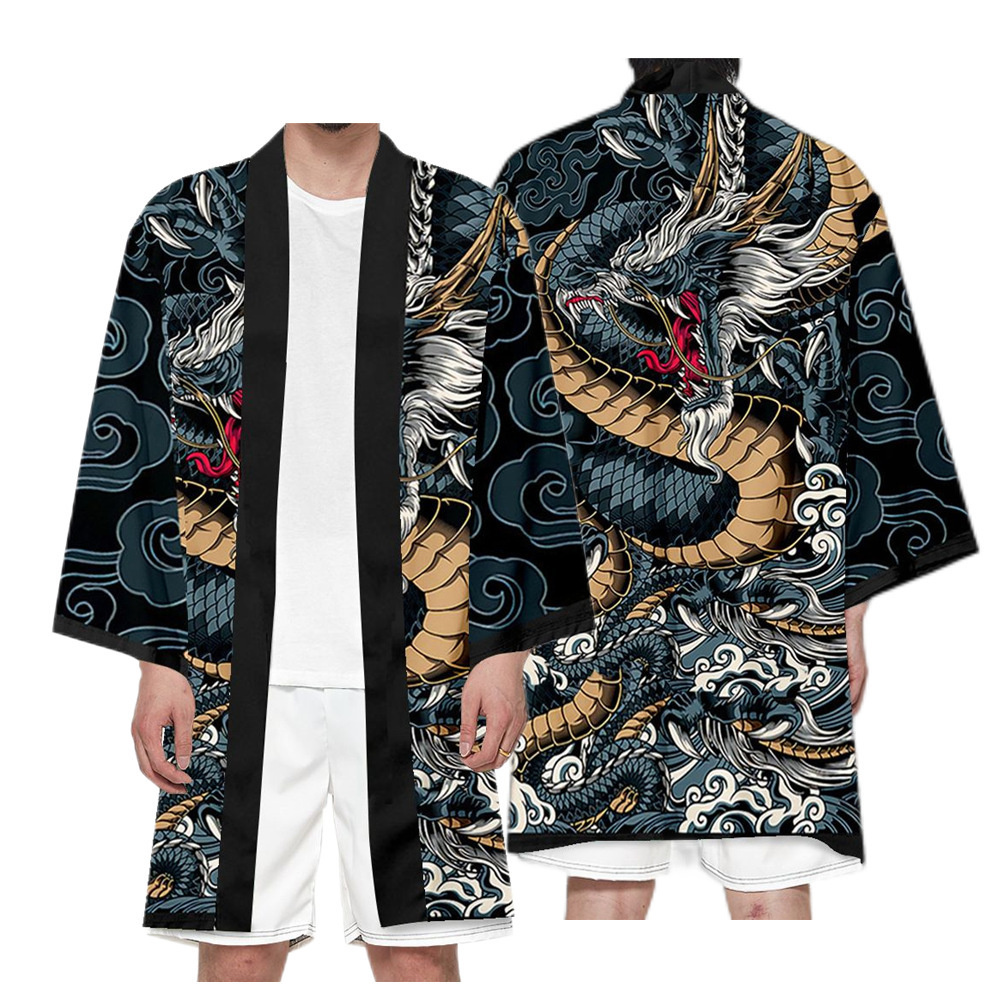 Kimono traditionnel samouraï pour homme, imprimé floral dragon, Haori japonais, cardigan pour femme, Yukata, chemise, robe d'été