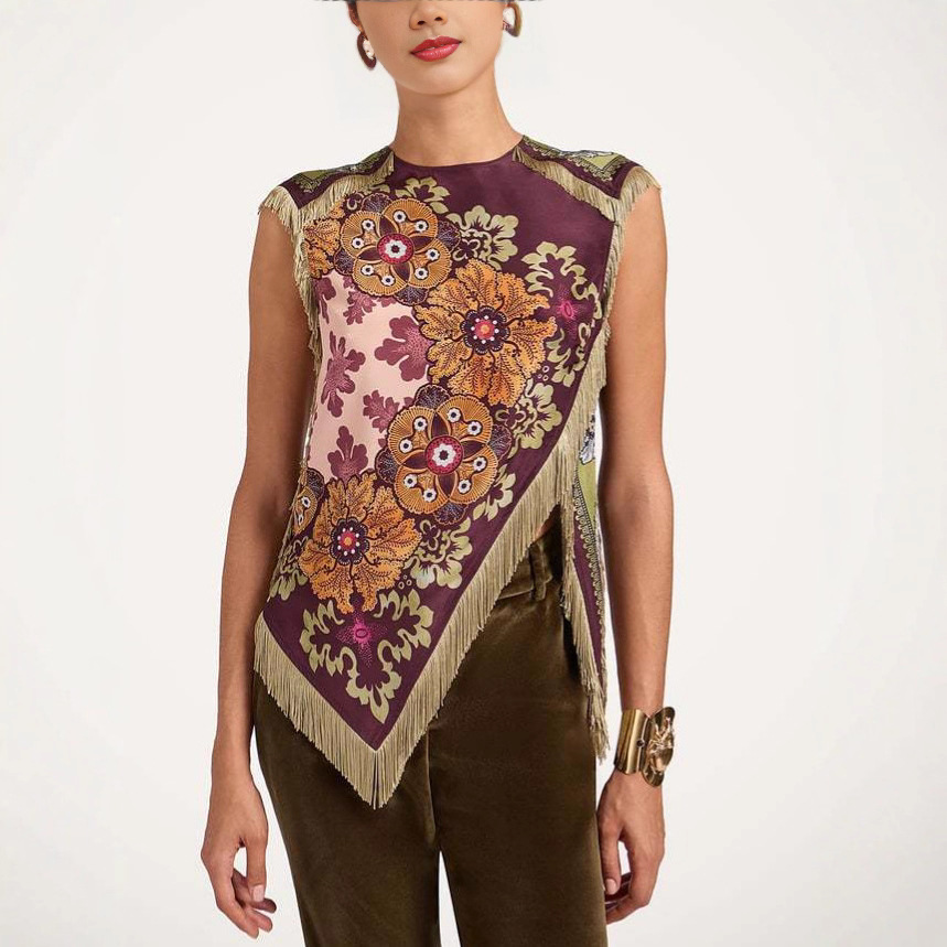 Chemisier Chic Femme 2026 en Satin à Imprimé Floral avec Franges, Col Rond, Sans Manches et Ourlet Asymétrique, Style Vintage