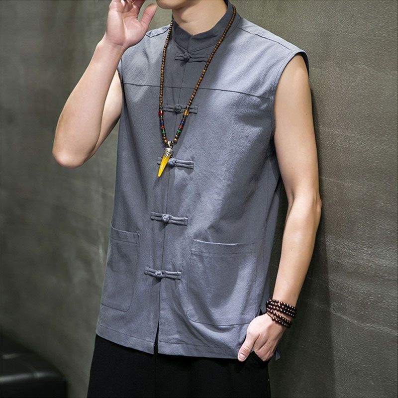 Gilet traditionnel chinois pour homme, chemise sans manches ample à boutons grenouille, col mandarin, devant ouvert, grande taille, haut Hanfu ancien