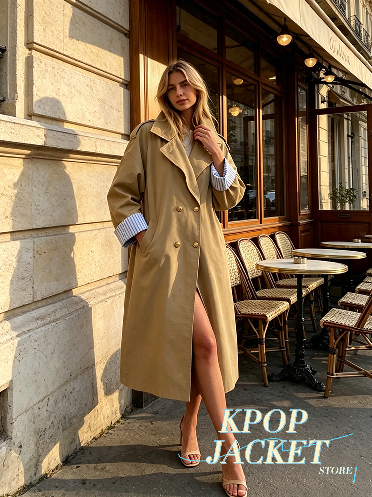 Manteau trench long kaki à rayures color-block pour femme 2026, col large, coupe ample, épaules tombantes, doublure bleue, fente latérale, idéal pour les trajets quotidiens et les sorties