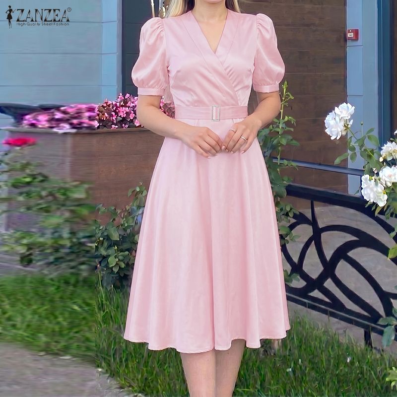 ZANZEA – robe mi-longue en satin soyeux pour femmes, élégante, col en v, manches courtes bouffantes, ceinture, coupe trapèze, robe de Cocktail gracieuse