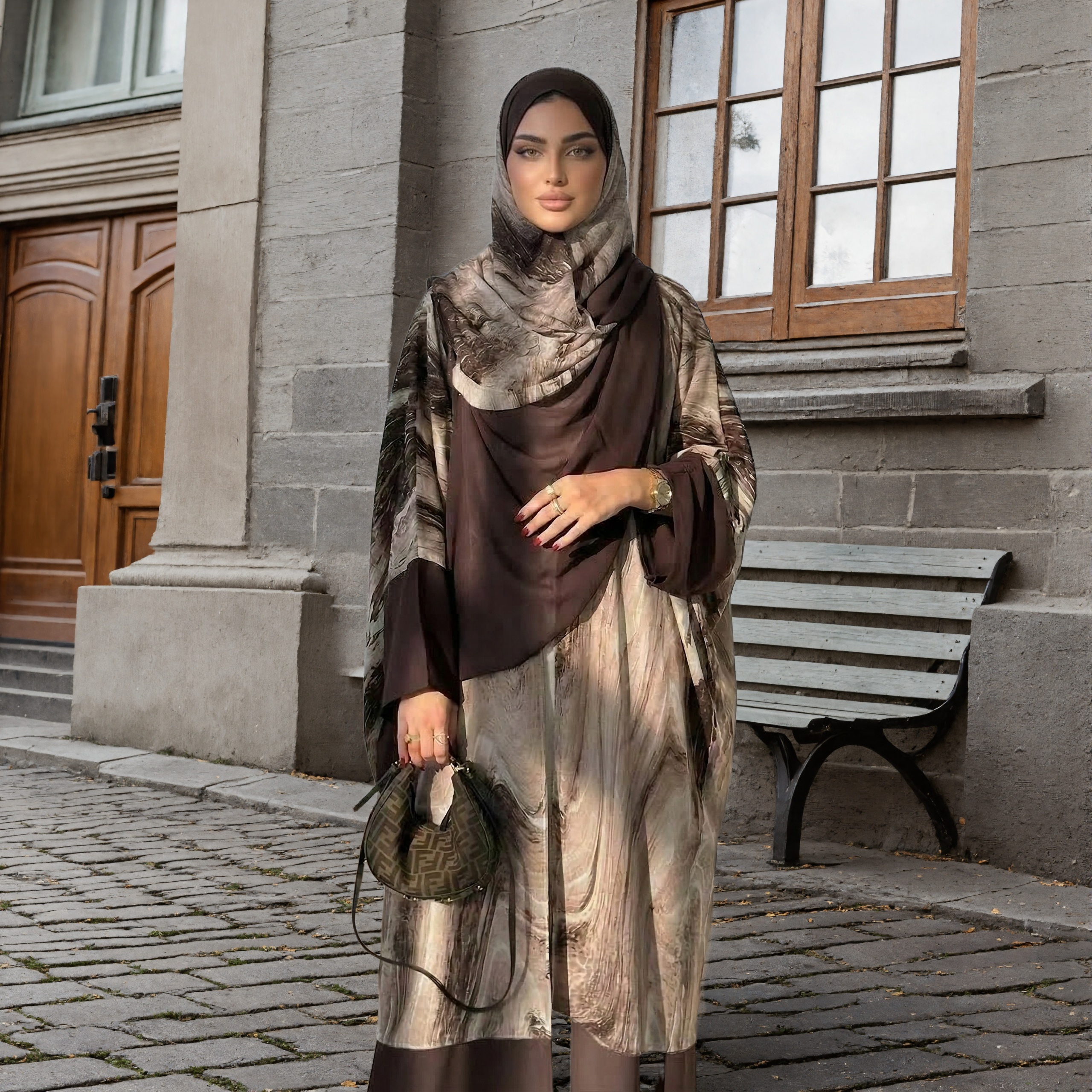 Ensemble Abaya en Chiffon Imprimé 2 pièces |   Kaftan long décontracté pour femmes musulmanes, à col ouvert, avec hijab assorti