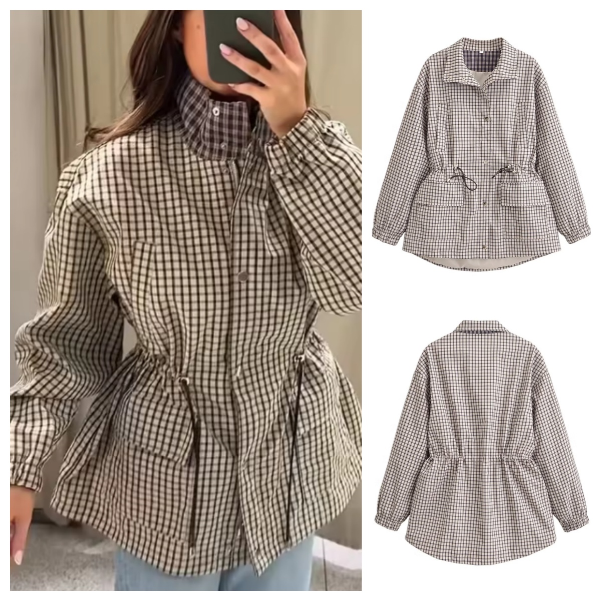 Manteau pour femme 2026, style vintage à carreaux, cintré à la taille, col montant, manches longues, coupe ample, nouveau, décontracté, élégant, pour le streetwear