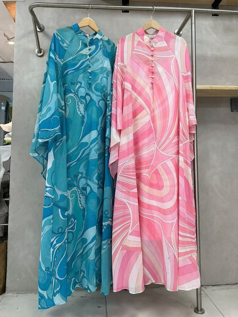 Nouvelle robe longue kaftan haut de gamme pour femme, imprimée color block, col montant, manches évasées à bordure feuille de lotus, idéale pour les voyages et les vacances