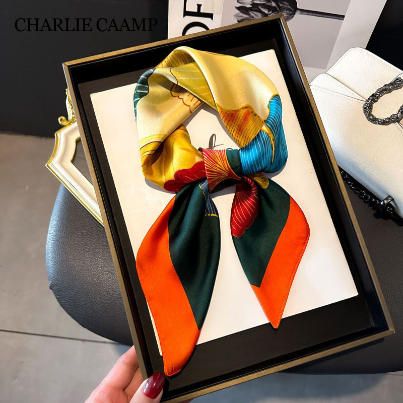 Foulard carré en soie feuille de Ginkgo coloré pour femme, foulard de luxe, bandeau, cravate, bandes de cheveux, nouvelle collection printemps été