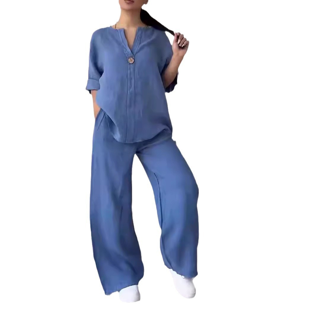 Ensembles musulmans femmes 2 pièces costume chemise pantalon à jambes larges tenues 2025 Ensemble bouton à lacets taille élastique Blouse pantalon droit