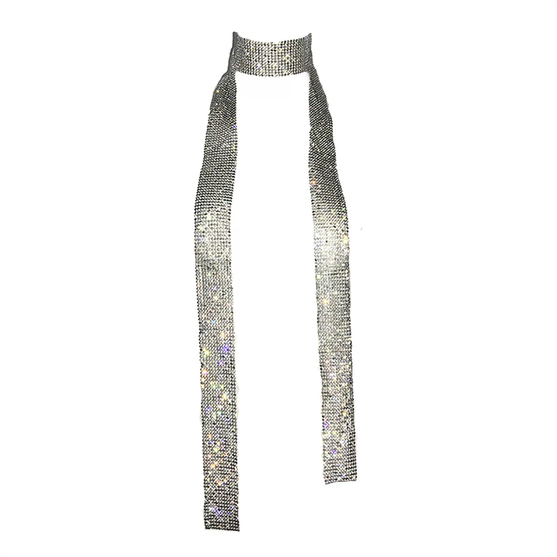 Écharpe en maille à strass pour femme, longue écharpe scintillante, collier ras-du-cou, écharpe de cou en cristal brillant, or, argent, noir, accessoire de soirée et de club 2026