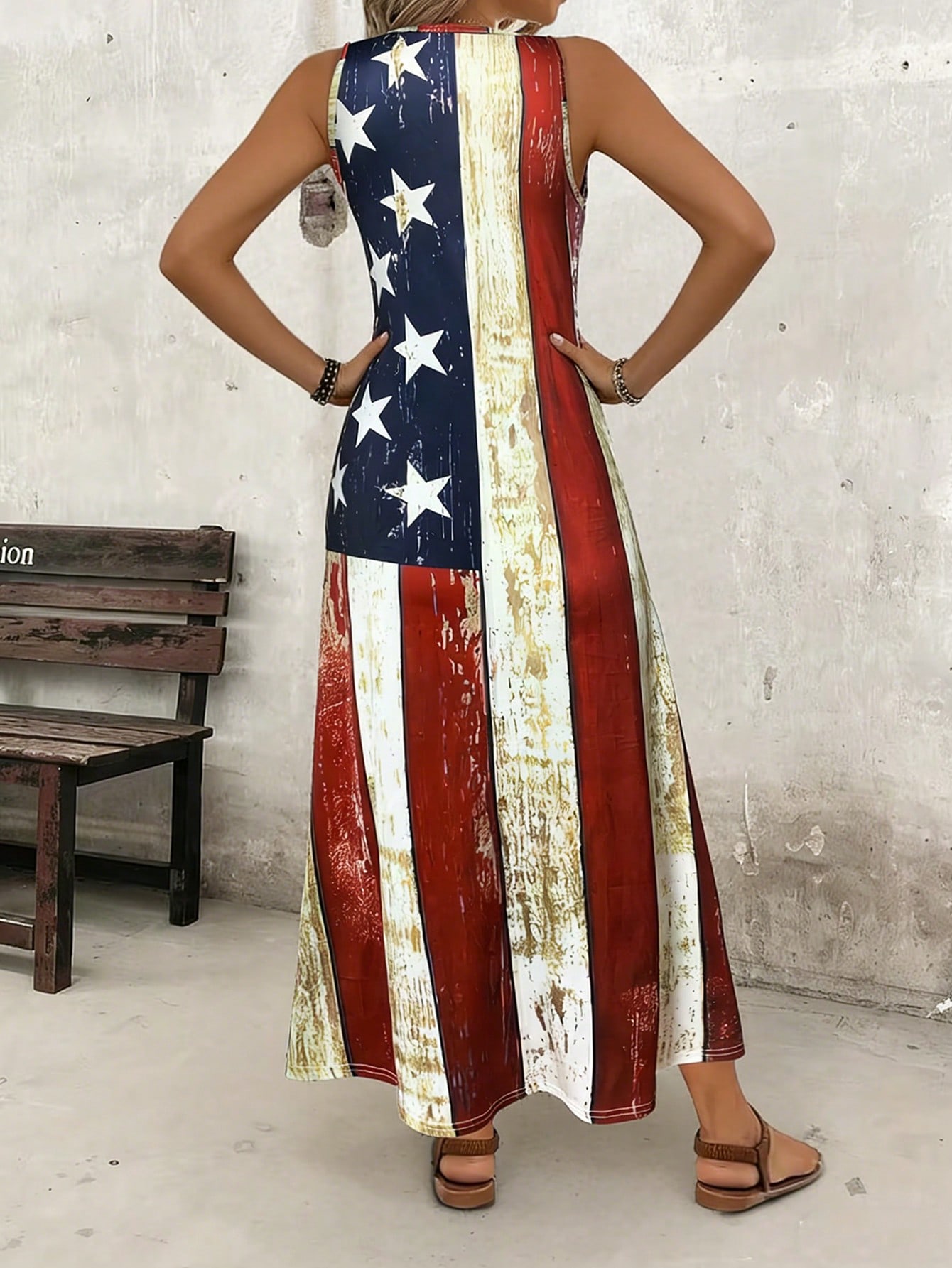 Robe longue décontractée pour femmes avec imprimé drapeau américain - Robe d'été à col rond, tenue décontractée pour les vacances